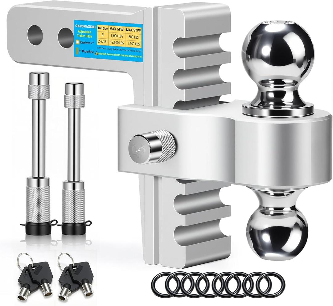 Aircraft Aluminum Adjustable Trailer Hitch for 2 Inch Receiver, Tow Dual Ball 2'' & 2-5/16'' Towing Weight 12,500 LBS, 6'' Drop/Rise, Lightweight/Anti Rust Anti Rattle, Bulletproof Lock Pin