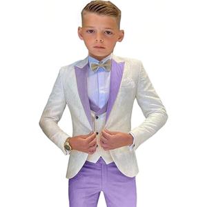 SAROULU Boys Formal Suit Wedding Tuxedo 3 Pieces Floral Jacket Pants Vest Kids Party Blazer (Purple) Size 10