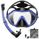 Snorkeling Gear for Adults, Dry Adult Snorkel Set HD Panoramic View Snorkel Mask Set, Anti-Leak and Anti-Fog Scuba Diving Package with Mesh Bag Ear Plug for Snorkeling Scuba Diving Travel (Blue/Transparent)