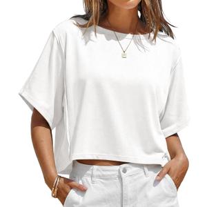 Fisoew Womens Oversized Crop Tops Summer Short Sleeve Crewneck T Shirts Casual Loose Basic Tee Workout Shirts, White, Large