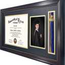 GraduationMall 11x22 Mahogany Diploma Frame with Tassel Holder and Picture for 8.5x11 Certificate 5x7 Photo,Real Glass,Black over Gold Mat