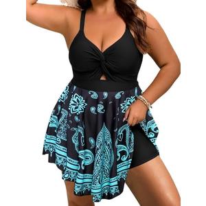 Arolina Plus Size Bathing Suit for Women Swim Dress Tummy Control Swimsuits Two Piece Flowy Tankini with Shorts 22W