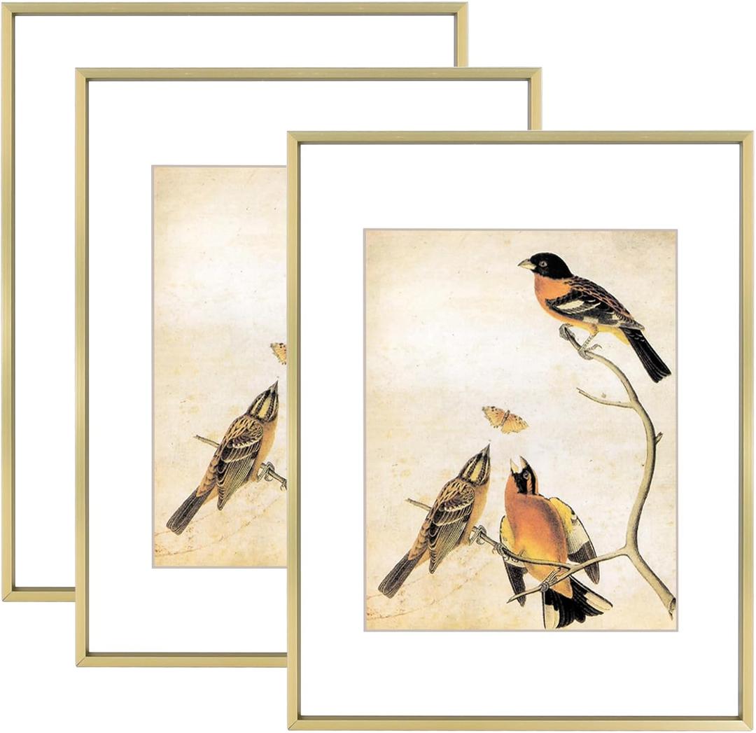 11x14 Picture Frame Set of 3, Brass Metal Photo Frames with HD Glass, Fits 8x10 with Mat or 11 x 14 without Mat, Display for Wall