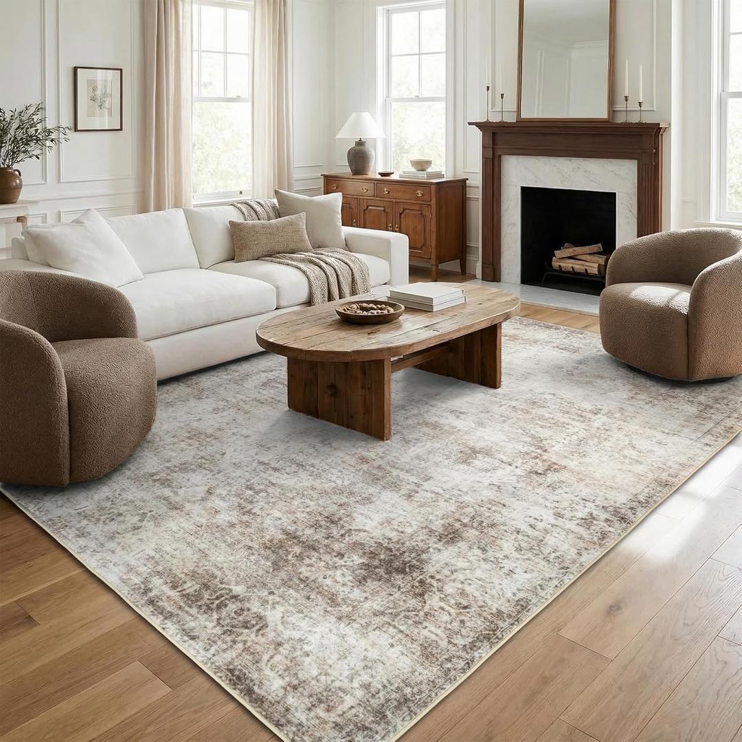 Washable Rugs 5x7 Area Rugs for Living Room,Rug for Bedroom, Vintage Distressed Non-Slip, Ultra Soft Faux Wool Carpet for Dining Room, Beige Brown for Home Office Dcor