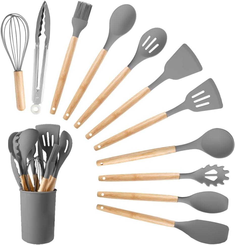 Silicone Cooking Utensils Set, 12Pcs Large Heat Resistant Kitchen Utensils, Turner Tongs, Spatula, Spoon, Wooden Handle Kitchen Gadgets with Holder for Nonstick Cookware, Dishwasher Safe (Grey)