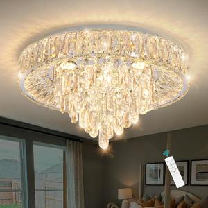 Modern Crystal Chandeliers for Dining Room LED Light Fixture Close to Ceiling Chandelier Flush Mount Ceiling Light Dimmable Lamp with Remote for Living Room Bedroom Hallway 2700K 6000K (19.7'' Width, Silver)