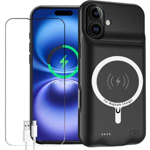 Battery Case for iPhone 16 Plus, Enhanced 12000mAh Portable Protective Wireless Charging Case Support Carplay Compatible with iPhone 16 Plus (6.7 inch) Rechargeable Battery Charger (Black)