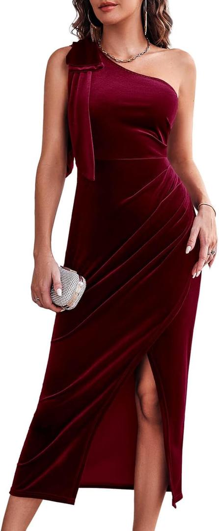 Wenrine Women's One Shoulder Velvet Dresses Slim Fitted Slit Faux Wrap Sexy Bodycon Evening Dress (Red) Small 