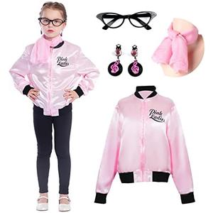 Sincere Party Pink Satin Jacket Back to the 50s Costume for Girls with Glasses,Scarf,Earrings Small(4-6) : Toys & Games