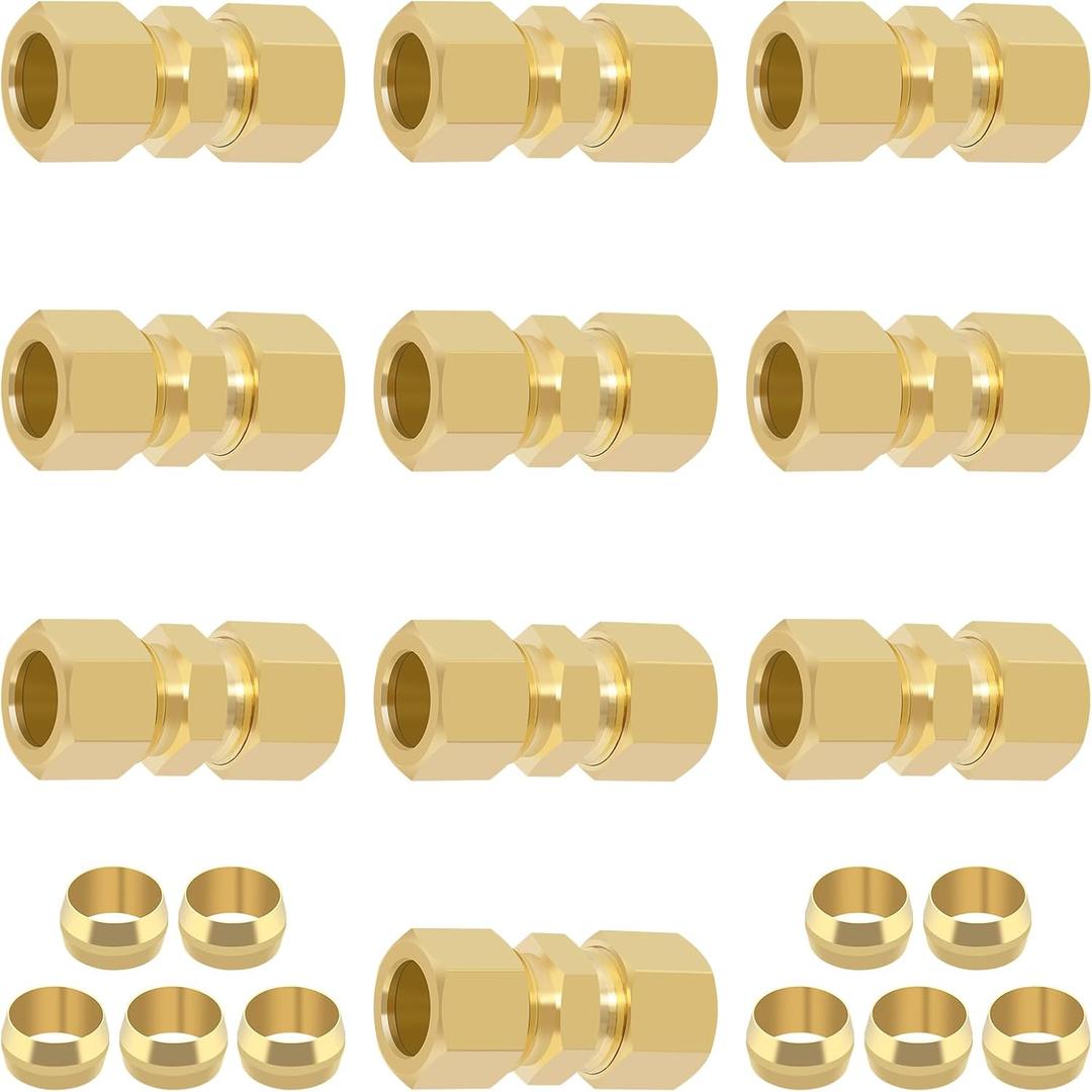 1/2 Inch Compression Fitting,10 Pcs Brass Compression Tube Pipe Fittings, 1/2" OD X 1/2" OD Compression Union Connectors & 10 Pcs Sleeves Ferrules (Pack of 20)