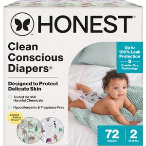 The Honest Company Clean Conscious Diapers for Delicate Skin | Up to 100% Leakproof | Hypoallergenic, Fragrance Free | Winter '25 Limited Edition Prints | Club Box, Size 2 (12-18 lbs), 72 Count