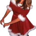 Women Christmas Plush Hem Splicing Dress One Shoulder Half Sleeve Santa Costumes Slim Fit Short Dress (Medium)