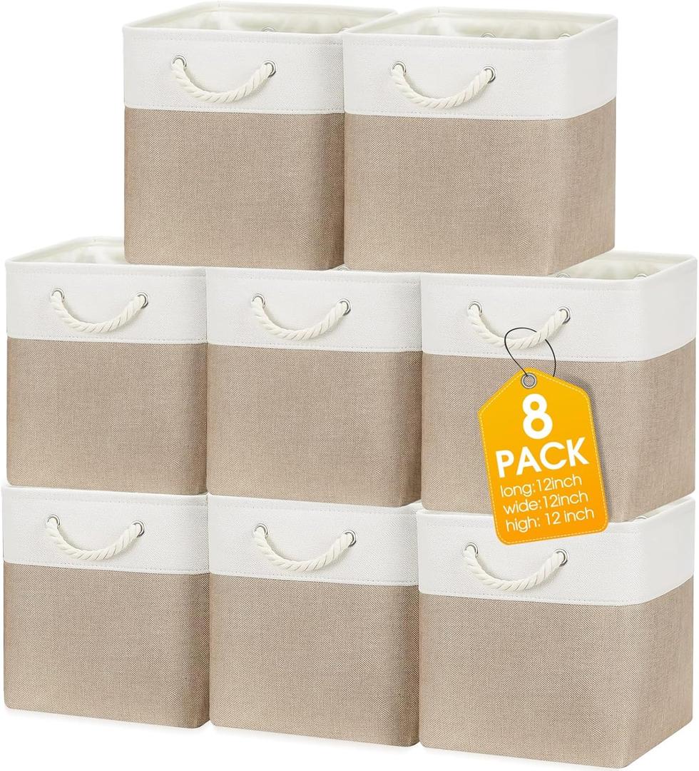 meekoo 8 Pack Collapsible Storage Bins Fabric Storage Bins Polyester Fabric Baskets with Handles Linen Closet Organizer for Shelf Home Closet Towels Toys(12 x 12 x 12 in,Beige)