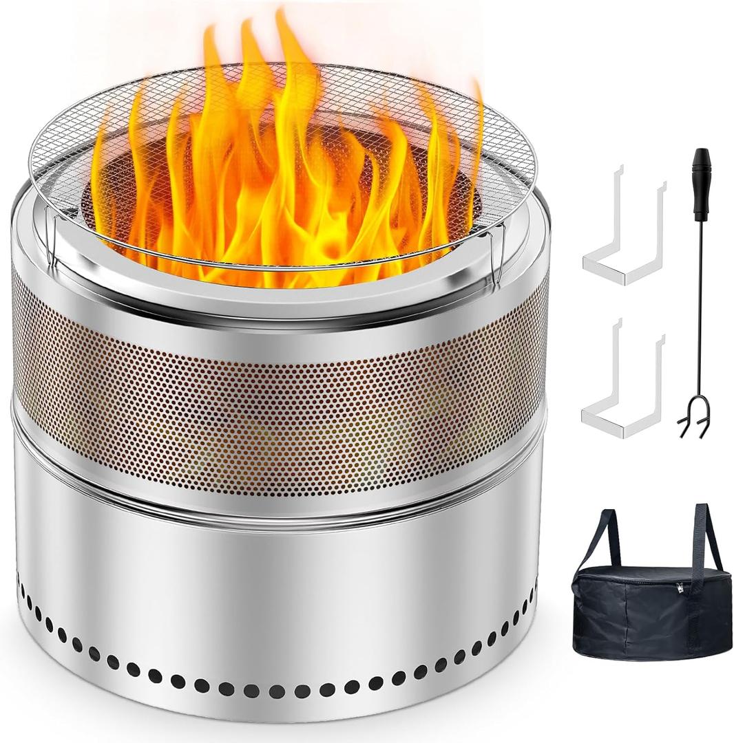 20 Inch Smokeless Fire Pits, Portable Firepit Stainless Steel Stove Bonfire, Outdoor Wood Burning Fireplace with Removable Ash Pan & Grill Rack, 360 Ventilation, for Camping, 4-6 People (Silver)
