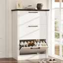 Farmhouse Shoe Cabinet with 3 Flip Drawers & 3 Tier Adjustable Shelves, 32.3" Wide White Shoe Cabinet with Roman Column, Hidden Shoe Storage Cabinet for Entryway, Hallway