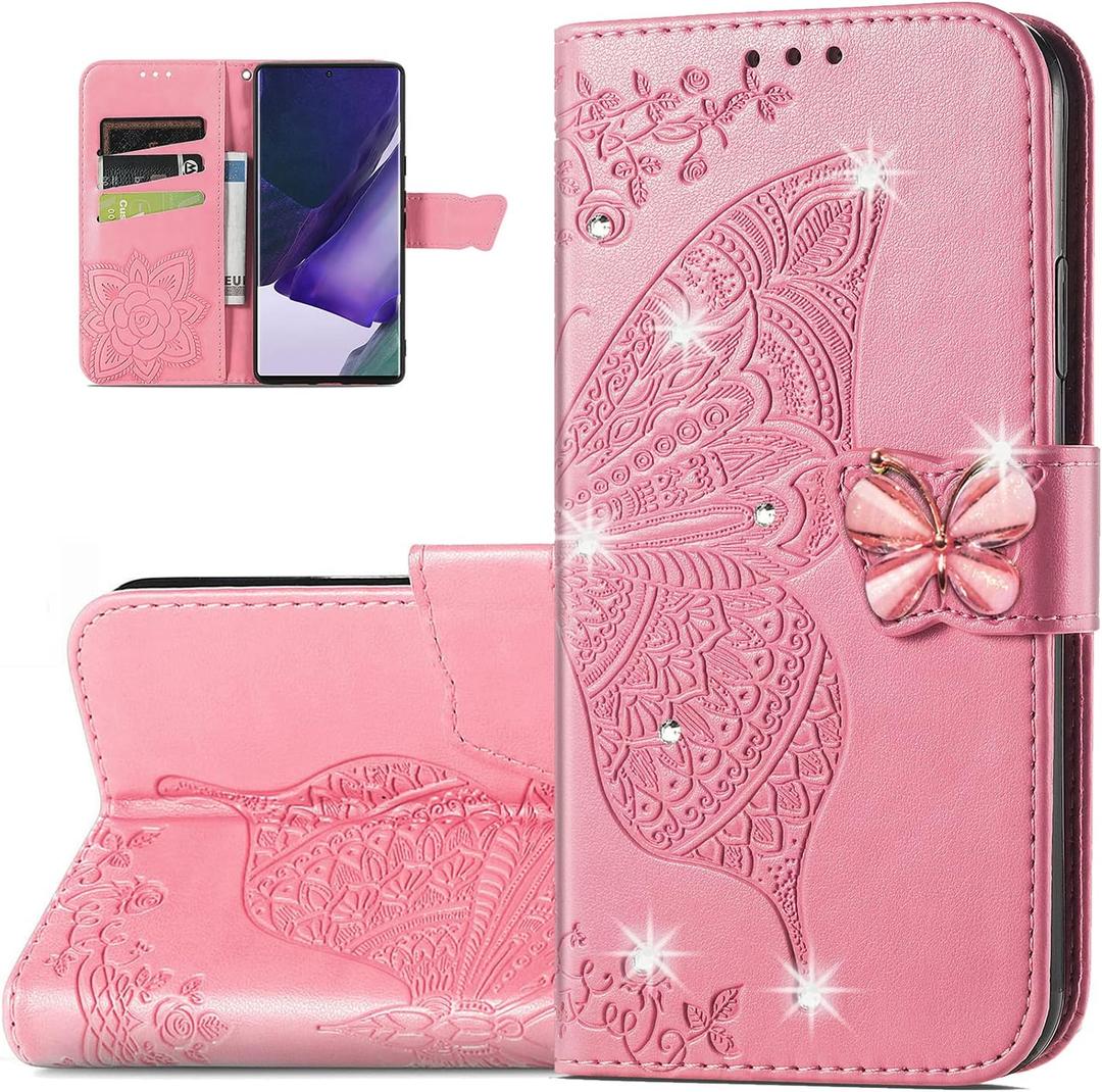 Wallet Case for iPhone 13 Pro Max, Butterfly Pattern PU Leather Case with Magnetic Clasp and Cash Card Holder Cover for iPhone 13 Pro Max Rhinestone Pink