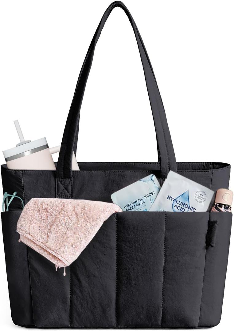 HomemeDiary Tote Bag for Women, Puffer Quilted Lightweight Shoulder Bag, Puffy Travel Work Gym Handbag with Wet Dry Pocket (Black)