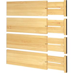 BAMEOS 4 PCS Bamboo Drawer Divider Adjustable Drawer Dividers Kitchen Drawer Organization Utensil Organizers for Kitchen Dresser Bathroom Bedroom and Office