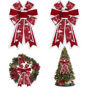 Threetols 2PCS Christmas Wreath Bows, Red Velvet Rustic Farmhouse for Front Door Winter Decorations, Glitter Deer Tree Bow for New Year Indoor Outdoor Xmas