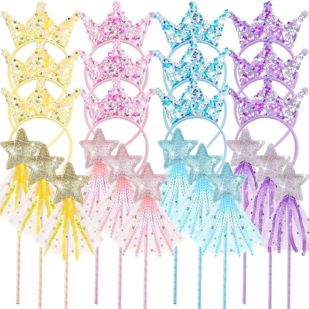 Hollowfly 12 Pcs Princess Party Favors Including 6 Glitter Star Fairy Wands and 6 Sequin Princess Crown Headbands for Girls Birthday Party Gifts