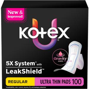 Kotex Ultra Thin Pads with Wings, Regular Absorbency, 100 Count (2 Packs of 50)