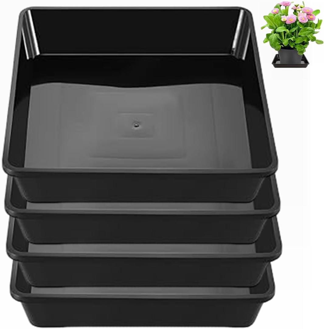 4 Pack 12 Inch Square Plant Saucer, Plant Drip Trays and Flower Pot Saucers, Plant Trays for Indoors No Holes, Plant Drainage Tray Saucers for Potted Plants (Black)