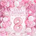 Pink Bow 8th Birthday Decorations for Girls, Coquette Party Decor Include 40 Inch Foil Number 8 Crown Star Balloon Long Latex Balloons Light Pink Bows Cake Topper Happy Birthday Banner Fringe Curtain