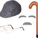 Old Man Costume 100 Days of School Grandpa Accessories Beret Hat Glasses Cane Moustache for Halloween Party Dress Up (Light Grey)