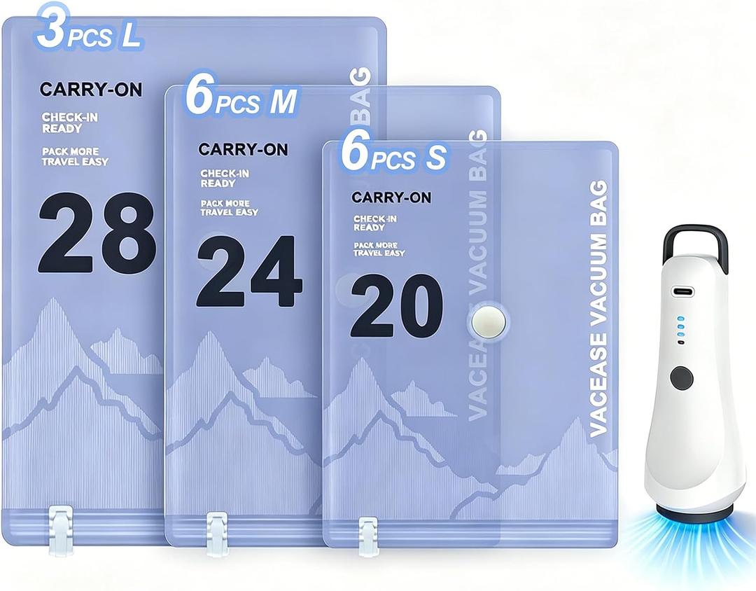 Vacuum Clothes Storage Bags with Rechargeable Wireless Pump, 15 Pack (3 Travel Sizes) Vacuum Seal Bags for Clothes, Space Saver Compression Bags for Clothing, Blankets, Luggage & Closet Organization