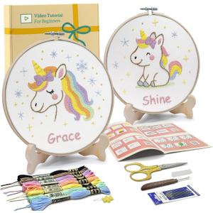 Bradove Embroidery Kit for Kids and Adults, Unicorns Embroidery Kit for Beginners, Easy Needlepoint Starter Kit with 2 Display Stands