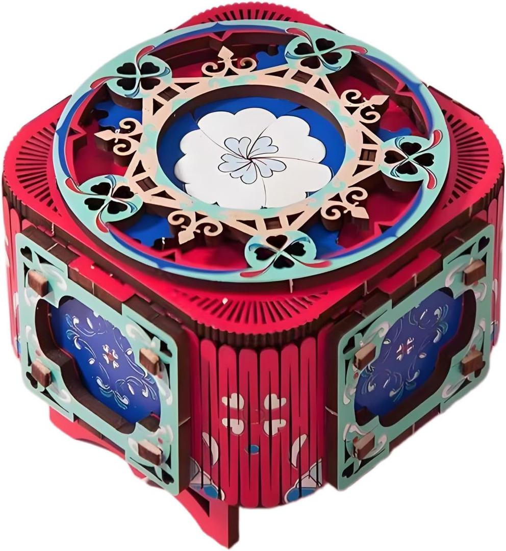 3D Wooden Puzzle Music Box with Light Up Four-Leaf Clover, DIY Mechanical Model Kit, Desktop Decoration Jewelry Box for Adults, Birthday (Rose Red)