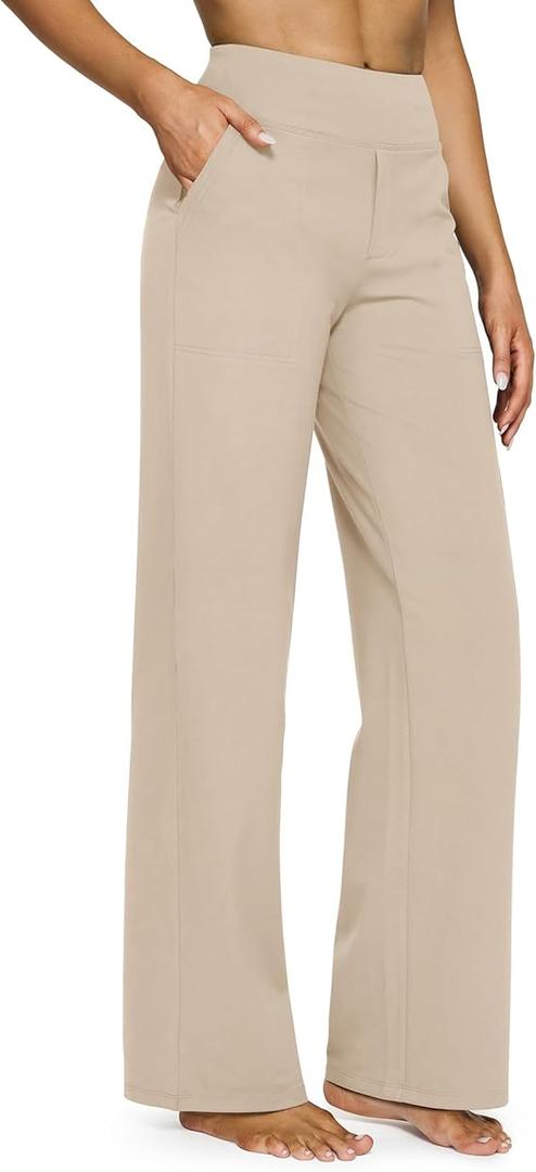 G4Free EverGoing Yoga Pants Women Wide Leg Pants with Pockets High Waist Stretch Dress Casual Sweatpants Petite/Regular/Tall Medium, Light Khaki, Medium