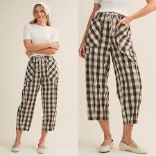 Women's Gingham Pants High Waisted Wide Leg Casual Checkered Trousers with Pockets Summer Travel Loose Outfits, Large