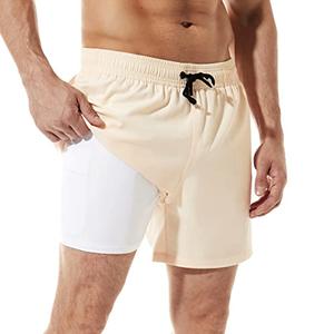 BRISIRA Swim Trunks Men Swim Shorts Quick Dry 5 inch Inseam Beach Shorts with Compression Liner and Zipper Pocket Cream Size 32