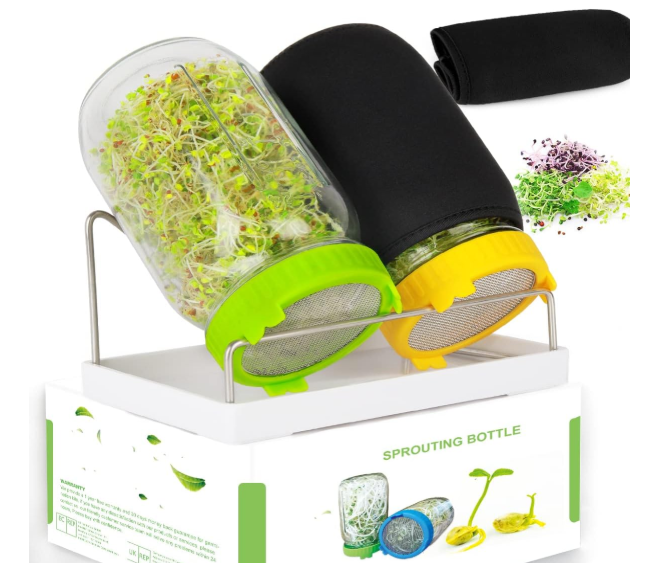 Kitmiido Seed Sprouting Kit, 2 Large Wide Mouth Mason Jars with Sprout Lids, Blackout Sleeves, Drain Tray, Stainless Steel Stand, Sprouts Growing Kit for Bean, Broccoli, Alfalfa (Yellow+Green)