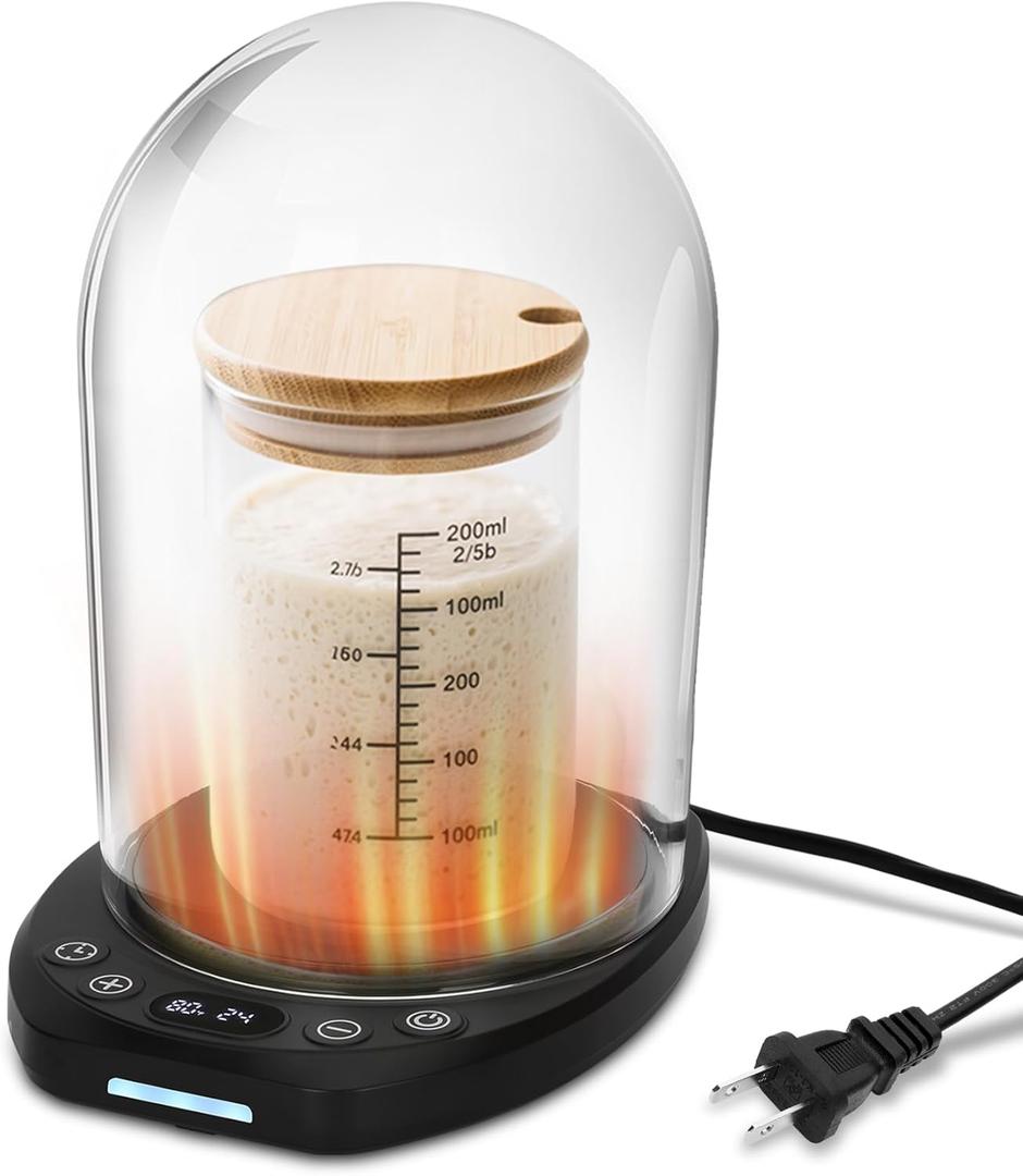 Sourdough Starter Warmer Mat with Glass Dome Precise 1°F Thermostat Control (70-104°F) 0-24H Timer Automatic On/ Off Sour Dough Warmer and Glass Cover for Home Baking（Black）