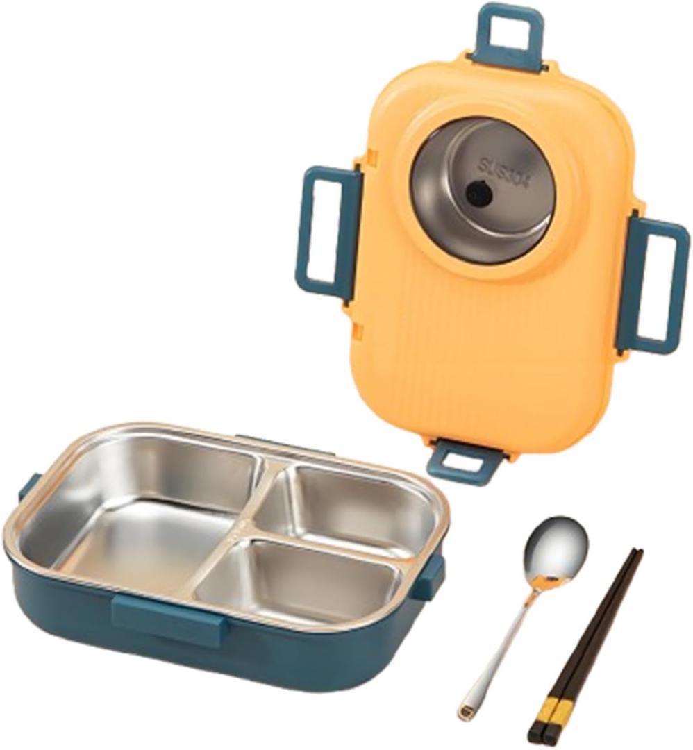 Bento Lunch Box, 304 Stainless Steel Portable Leakproof Lunch Food Containers Set with 3 Compartment for Adults - with Chopsticks Spoon Soup Bowl Gift for Friends, Family (Yellow)