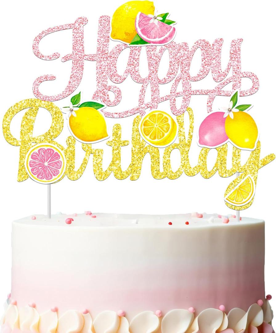 Pink & Gold Glitter Lemon Happy Birthday Cake Topper - Pink Yellow Lemon Slice Cake Decor for Summer Fruit Themed Birthday Party, Lemonade Stand Party Supplies, 7.9 x 6.1 inches