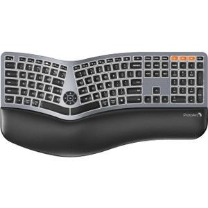 Backlit Bluetooth Ergonomic Keyboard, ProtoArc EK01 Plus Full Size Wireless Split Keyboard with Dual Bluetooth and USB, Cushioned Wrist Rest, Rechargeable for Windows/Mac/Android, Grey Black