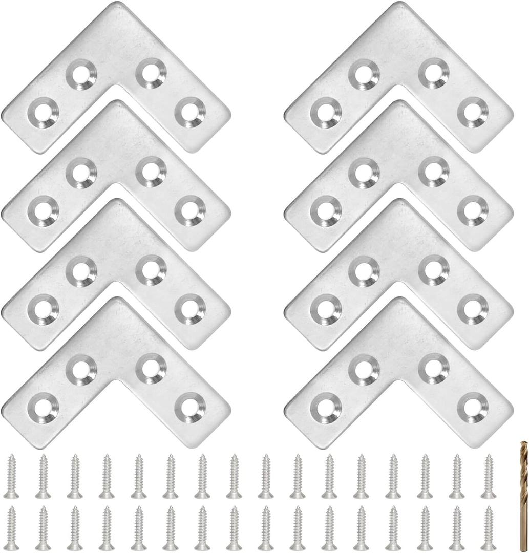8PCS 1.65 x 1.65 L Shape Flat Metal Frame Bracket, 90 Degree Right Angle Corner Brace, Stainless Steel Mending Plate for Wood with 32PCS Screws