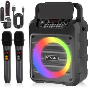 VTSGN Portable Karaoke Machine, Dual Wireless Microphones, LED Light Show, PA System with TF Card/USB/AUX/FM/Recording, Perfect for Parties, Adults & Kids