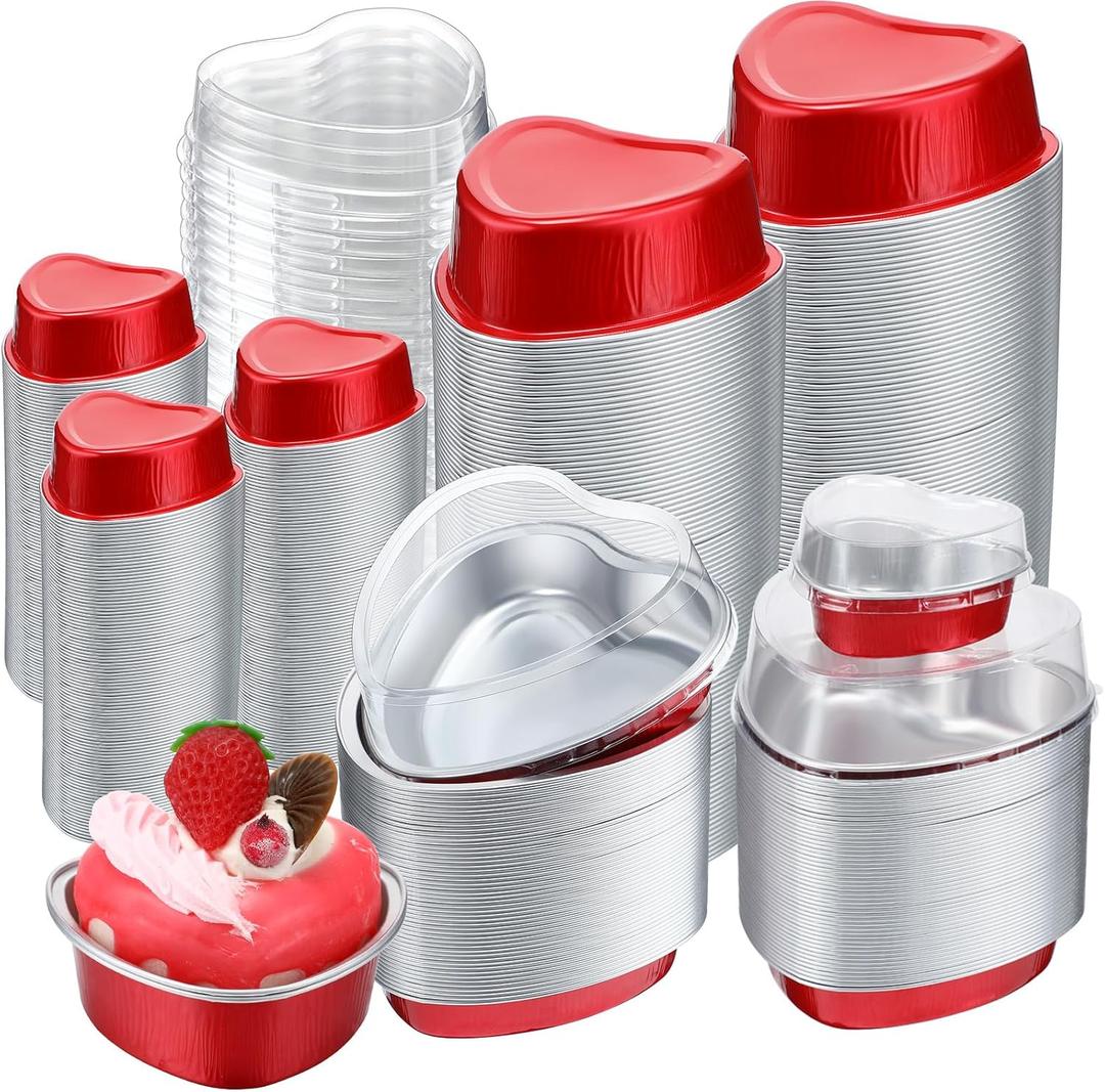 150 Sets Valentine's Day Heart Shaped Cake Pans Aluminum Foil 3.4oz & 9oz Mini Cake Pans with Lids Baking Cupcake Cup Muffin Tins for Wedding Birthday Party (red)