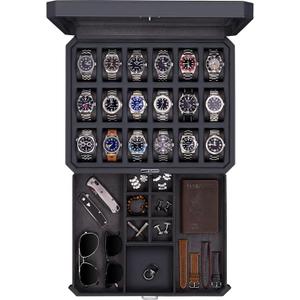 ROTHWELL 18-Slot Watch Case with Drawer Luxury Watch Box for Men, Real Glass Top, Lockable, Display Case for Collections (Carbon)