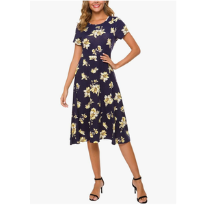 Urban CoCo Women's Floral Print Short Sleeve Flared Midi Dress (Large, #10)