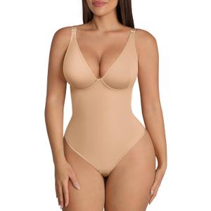 FeelinGirl Shapewear Bodysuits for Women Tummy Control Body Suits Deep V Neck Thong Body Shaper (Large, Clay)