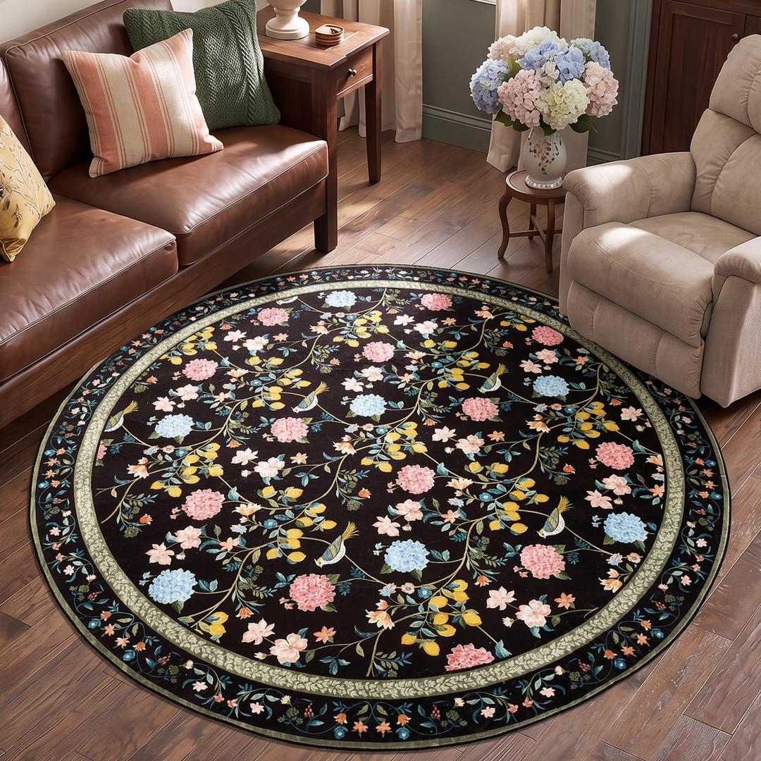 JINCHAN 6ft Round Rug, Washable Floral Rug Non Slip Soft, Black