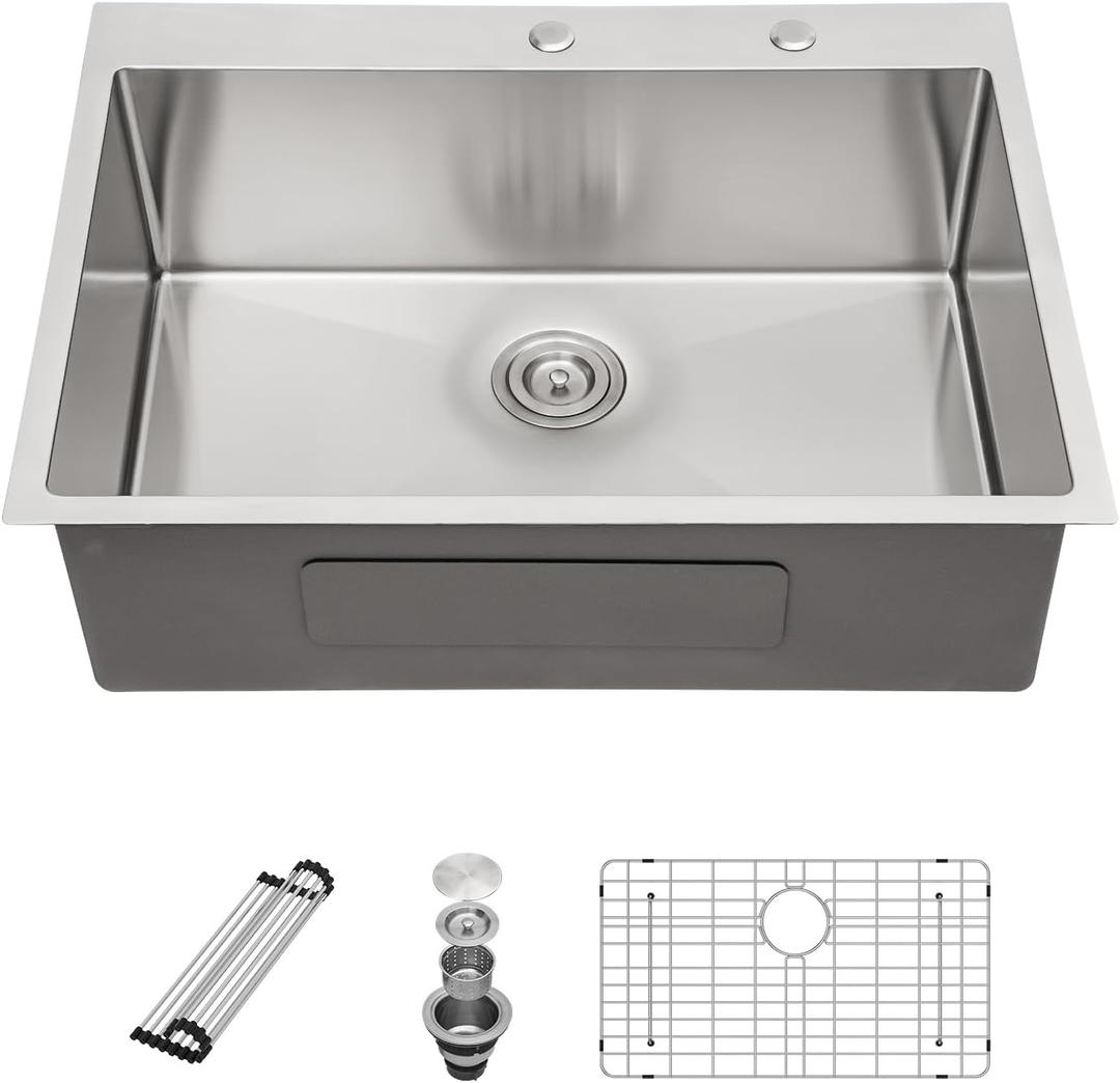 Sarlai 30 Kitchen Sink Drop In - 30 x 22 Inch Topmount Kitchen Sink Stainless Steel 16 Gauge Deep Single Bowl Over Counter Kitchen Sinks Basin