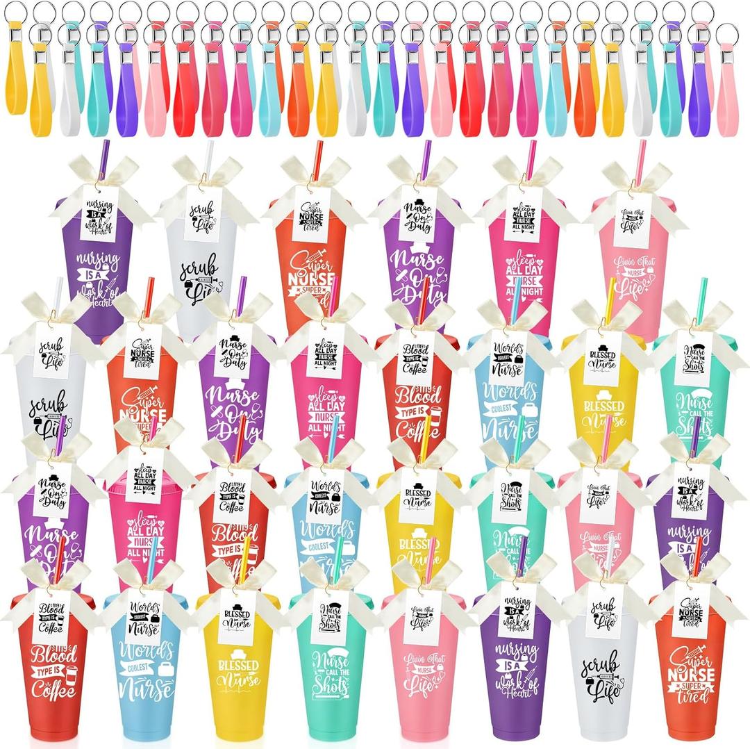SiliFine 30 Sets CNA Week Appreciation Gifts Bulk 2026 24 oz Nurses Plastic Tumbler with Lid and Straw Nursing Cups Keychain Card for Graduation Nurse Student Assistant Medical Staff Women(Classic), Medium