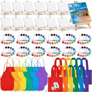 Aodaer 48 Pieces Mini Watercolor Paint Set Includes 12 Colors 4 x 4 Inch Watercolor Paints, Wooden Canvas Easels, Canvas Tote Bags, Aprons, Back to School Art Beginner Supplies for Kids