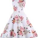 GOOBGS Women's 1950s Retro Vintage Spaghetti Strap Cocktail Swing Dresses with Pockets White Pink Flower XL